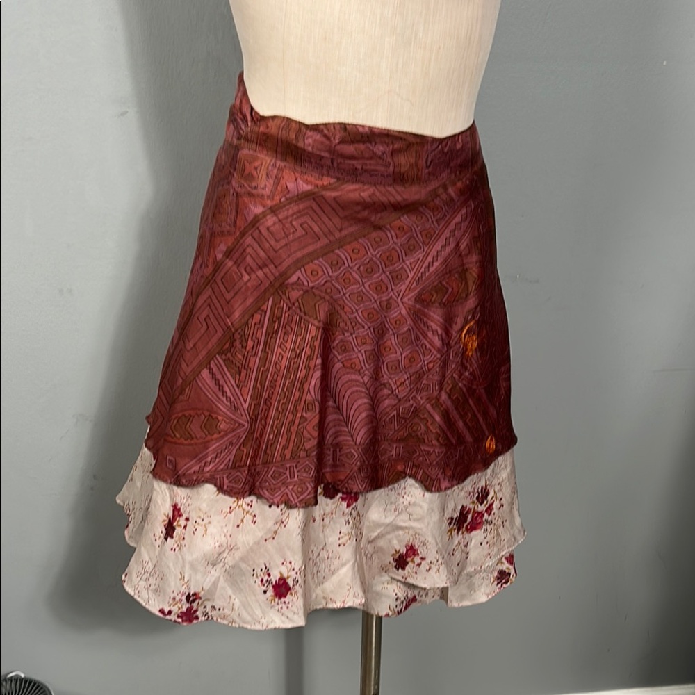 Vintage Silk short wrap skirt reversible Elegant Red Patterned Skirt one size